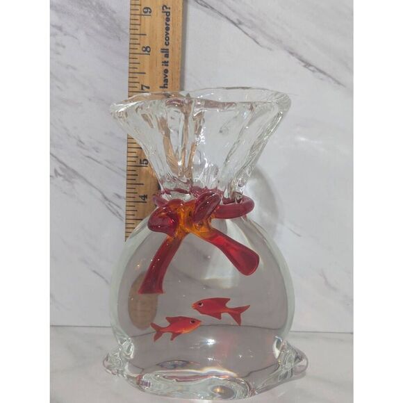 Murano Vintage Bag Tied With Bow Two Gold Fish Blown Glassware - Picture 4 of 6